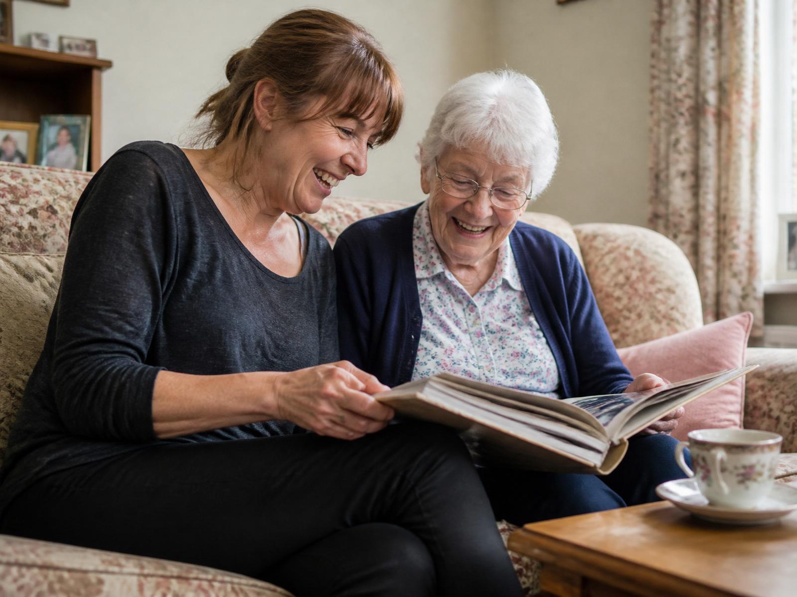 An older woman laughing with her companion over tea